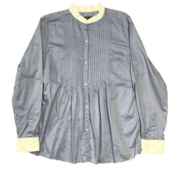 Women's Gap Pintuck Popover Button Down Long Sleeve Shirt Size Large 14 Blue - Picture 1 of 8